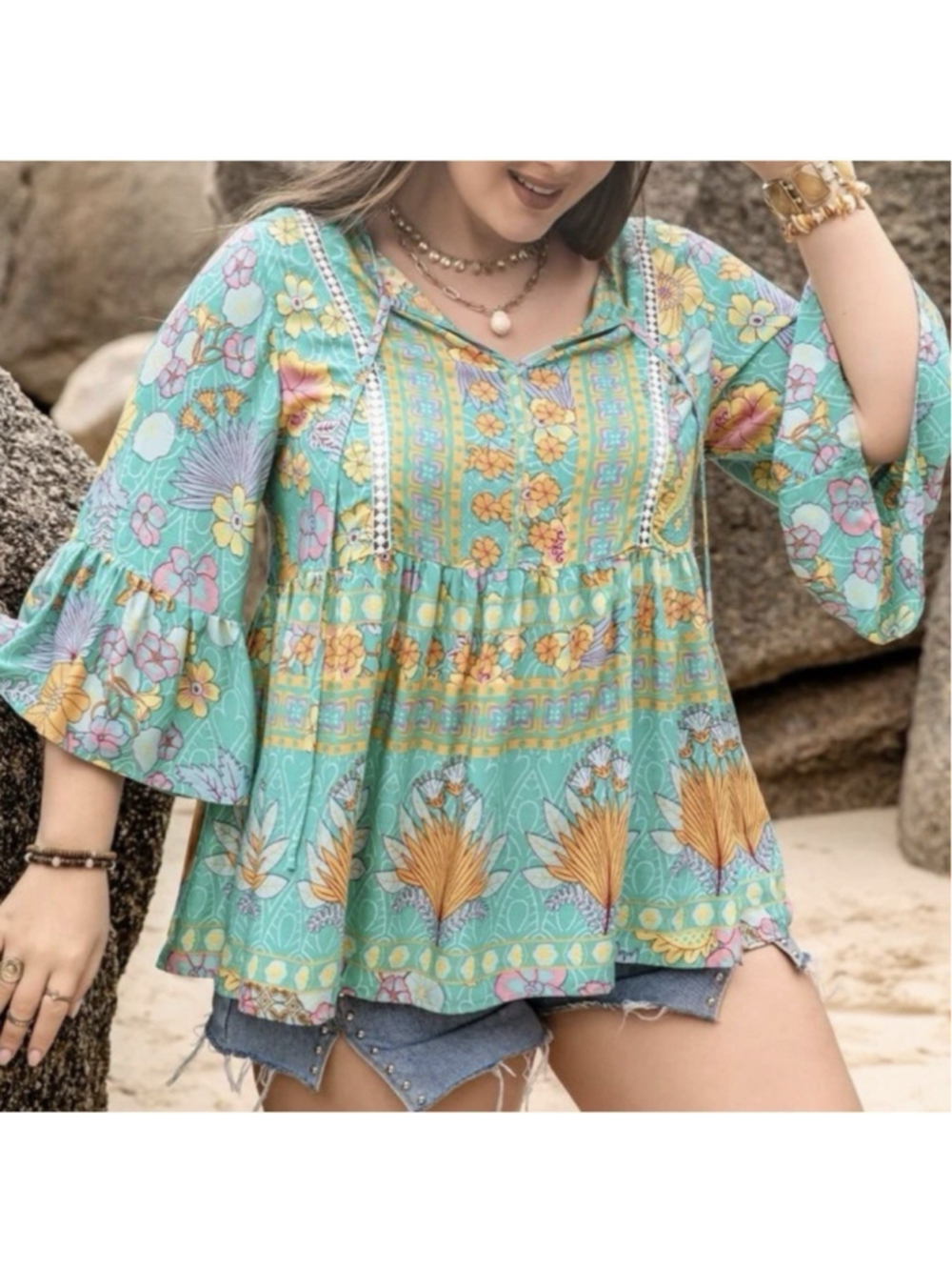 Peasant Boho Floral Tunic Top Plus Sz 2X Women Daisy Resort Beach Cottage